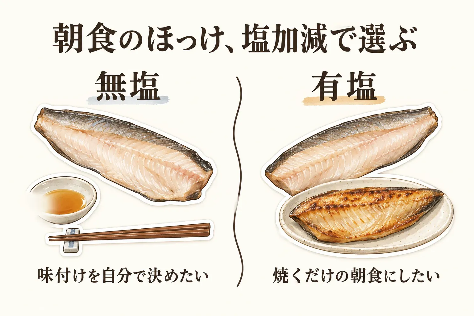 朝食のほっけを塩加減で選ぶ図。無塩は味付けを自分で決めたいとき、有塩は焼くだけの朝食にしたいときに向くことを、無塩の切り身と焼いた有塩ほっけのイラストで対比している。