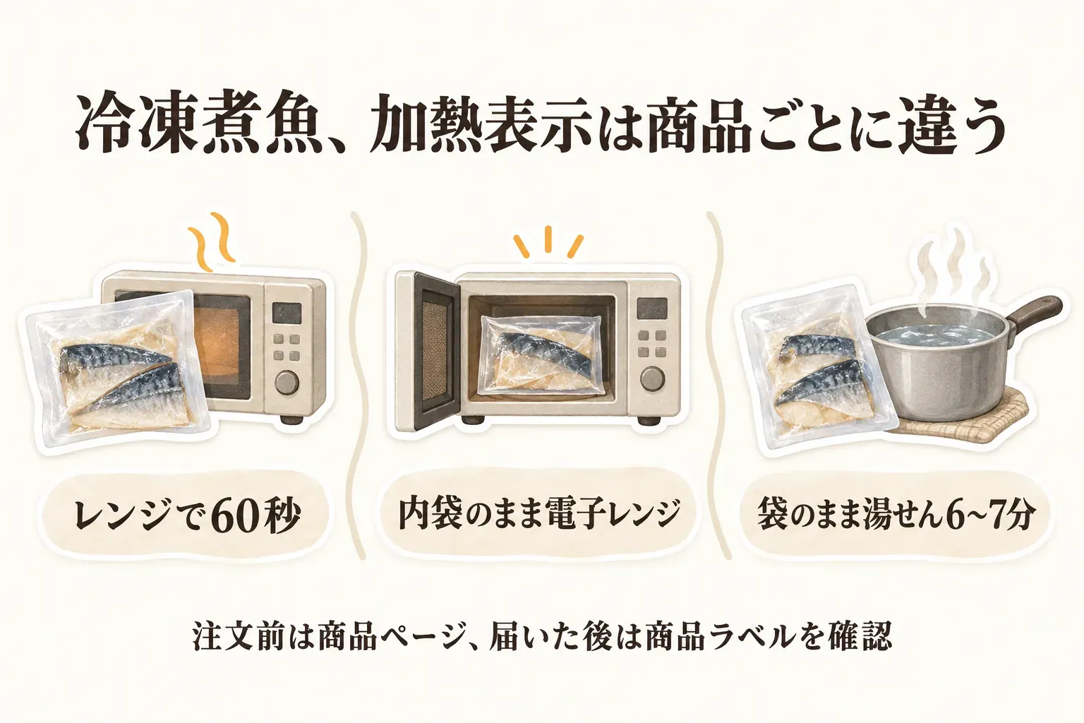 冷凍煮魚の加熱表示が商品ごとに異なることを示す図。レンジで60秒、内袋のまま電子レンジ、袋のまま湯せん6〜7分の3例を、電子レンジと湯せん鍋のイラストで並べ、注文前は商品ページ、届いた後は商品ラベルを確認するよう案内している。
