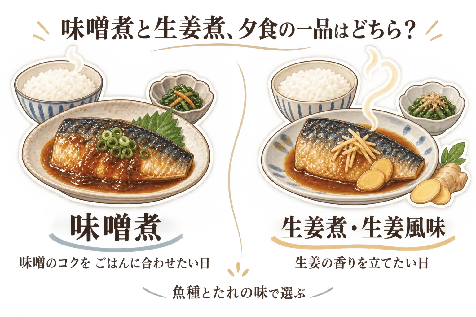 味噌煮と生姜煮・生姜風味の煮魚を夕食で選ぶ比較図。味噌煮は味噌のコクをごはんに合わせたい日、生姜煮・生姜風味は生姜の香りを立てたい日に向くことを、2皿の煮魚とごはんで示している。