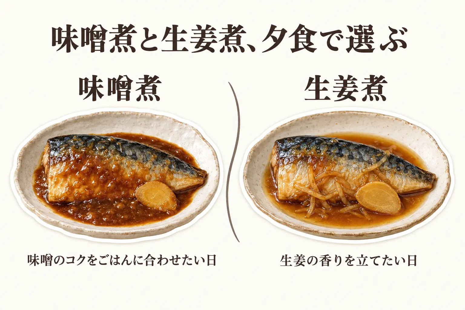 夕食向けの骨取り魚を味噌煮と生姜煮で選ぶ図。味噌煮は味噌のコクをごはんに合わせたい日、生姜煮は生姜の香りを立てたい日に向くことを、味噌煮と生姜煮のサバ料理で対比している。