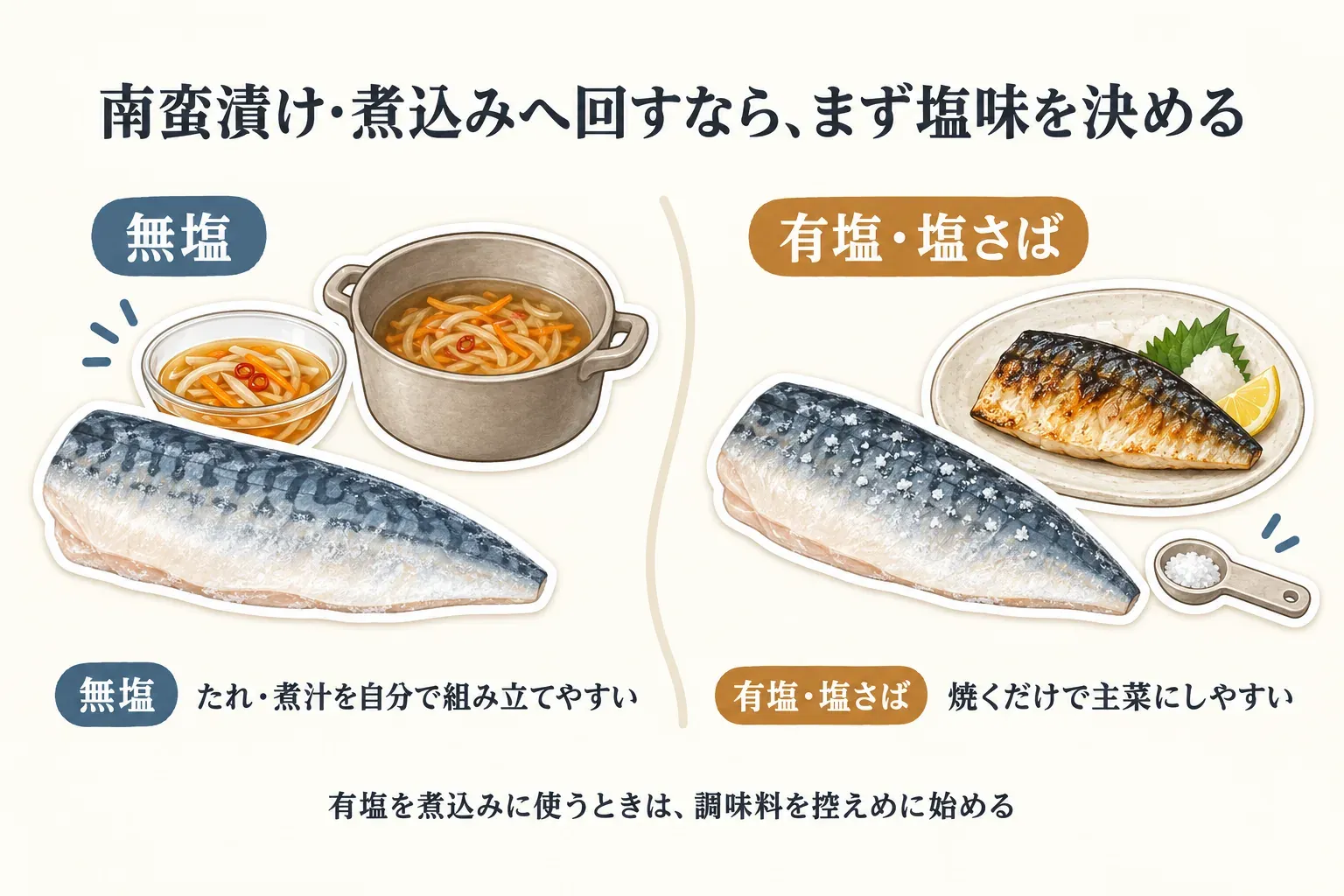 南蛮漬けや煮込みへ回す冷凍骨取りさばは、まず塩味を決めることを示す図。無塩は南蛮漬けのたれや煮汁を自分で組み立てやすく、有塩・塩さばは焼くだけで主菜にしやすいこと、有塩を煮込みに使うときは調味料を控えめに始めることを示している。