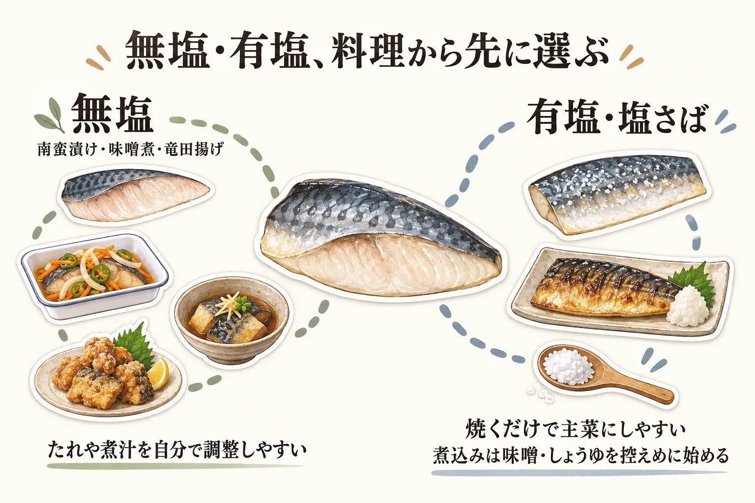 料理から無塩・有塩を選ぶ図。無塩は南蛮漬け・味噌煮・竜田揚げに向き、たれや煮汁を自分で調整しやすいこと、有塩・塩さばは焼くだけで主菜にしやすく、煮込みでは味噌やしょうゆを控えめに始めることを、さばと料理のイラストで示している。