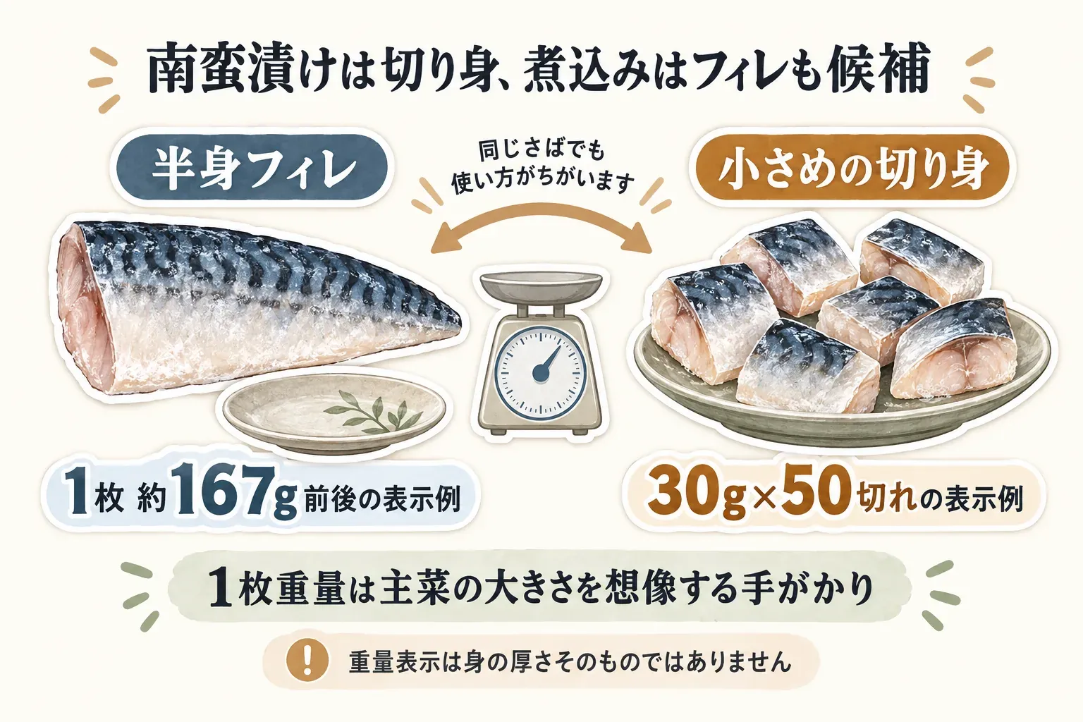南蛮漬けは小さめの切り身、煮込みは半身フィレも候補であることを示す図。半身フィレの1枚約167g前後の表示例と、小さめ切り身の30g×50切れの表示例を並べ、1枚重量は主菜の大きさを想像する手がかりであり、身の厚さそのものではないと案内している。