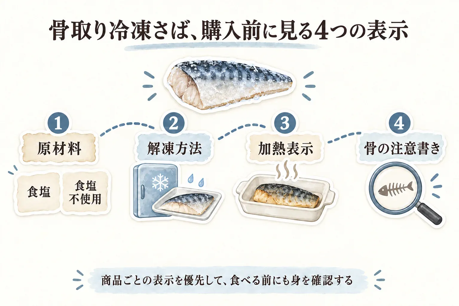 骨取り塩さば・無塩さばを買う前に確認する表示を示す図。原材料に食塩が使われているか、冷蔵庫解凍・常温解凍を避ける・解凍後に加熱するなどの解凍と加熱の指定、骨取りでも小骨が残る可能性を、原材料表示、冷蔵庫、フライパン、さばのイラストで確認する流れを示している。