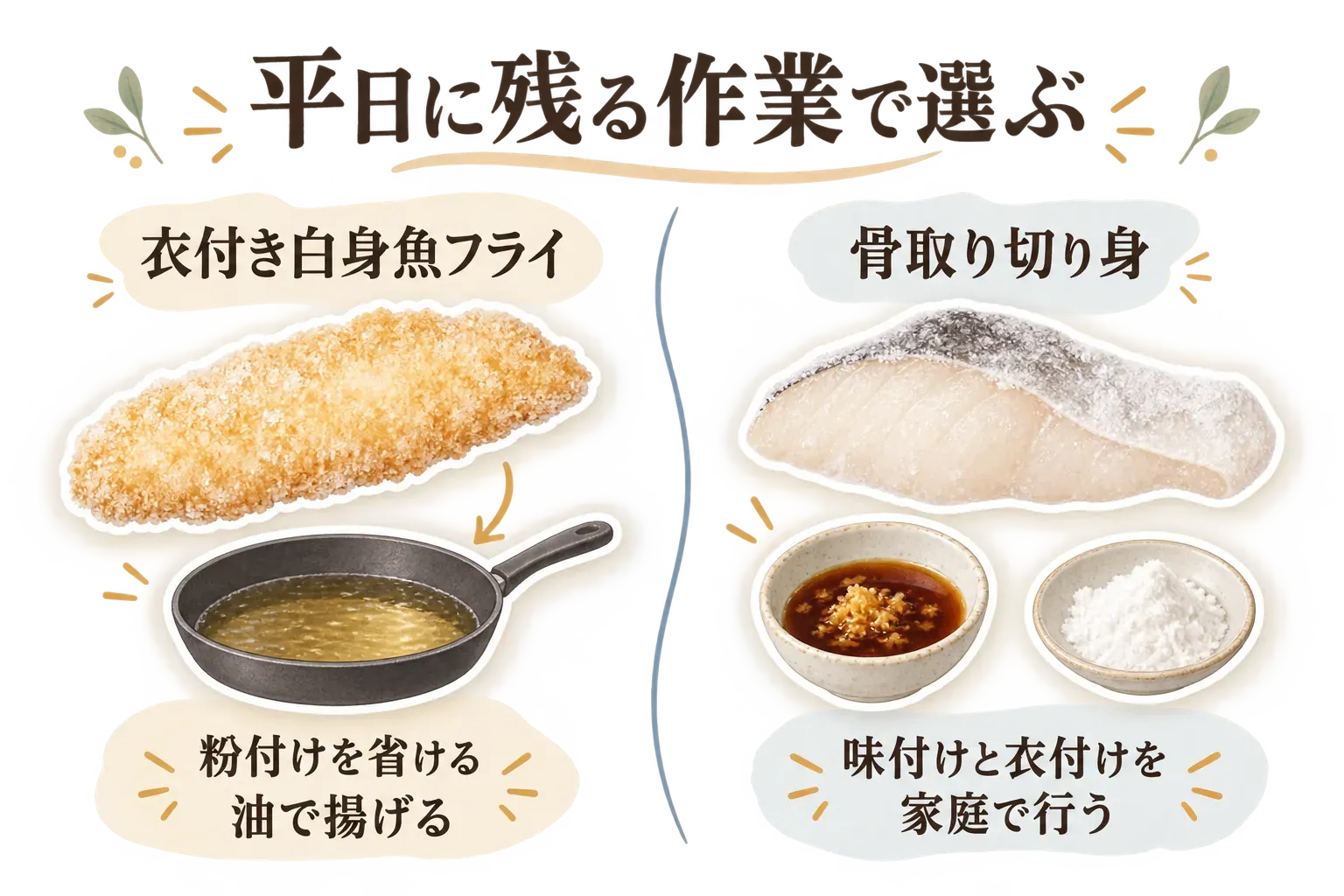 平日に残る作業で衣付き白身魚フライと骨取り切り身を選ぶ図。衣付き白身魚フライは粉付けを省いて油で揚げ、骨取り切り身はしょうゆなどで味付けして衣を付けることを、フライパン、切り身、調味料、片栗粉で示している。