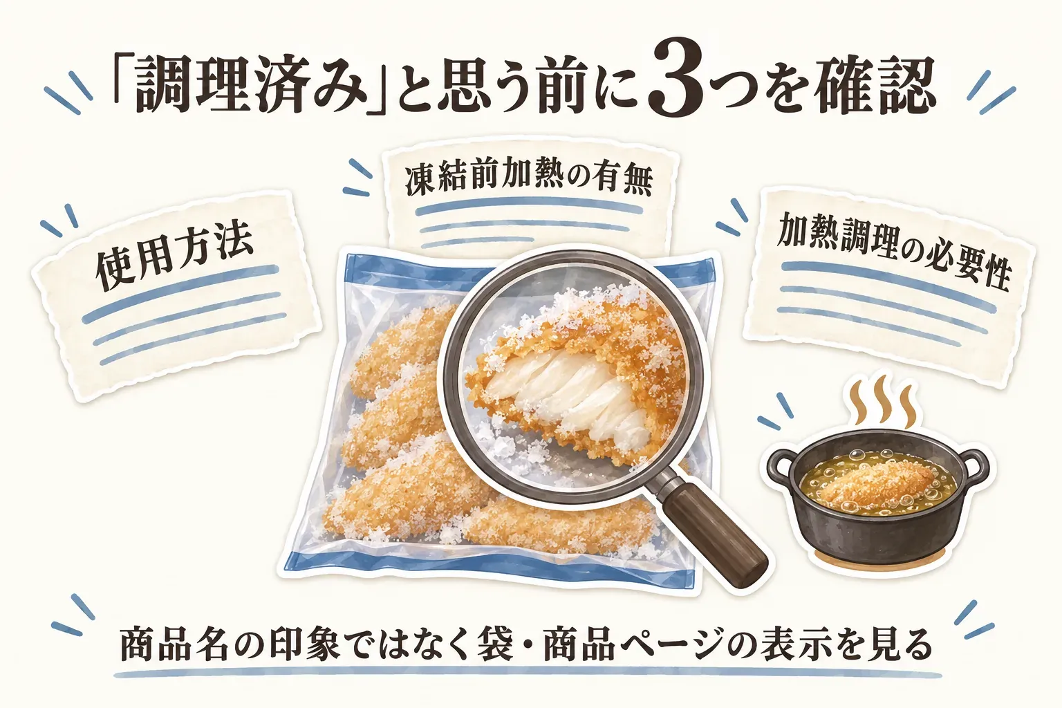 冷凍フライを調理済みと思う前に確認する3項目の図。袋・商品ページで使用方法、凍結前加熱の有無、加熱調理の必要性を確認し、商品名の印象だけで判断しないことを、冷凍白身魚フライ、虫眼鏡、揚げ鍋で示している。