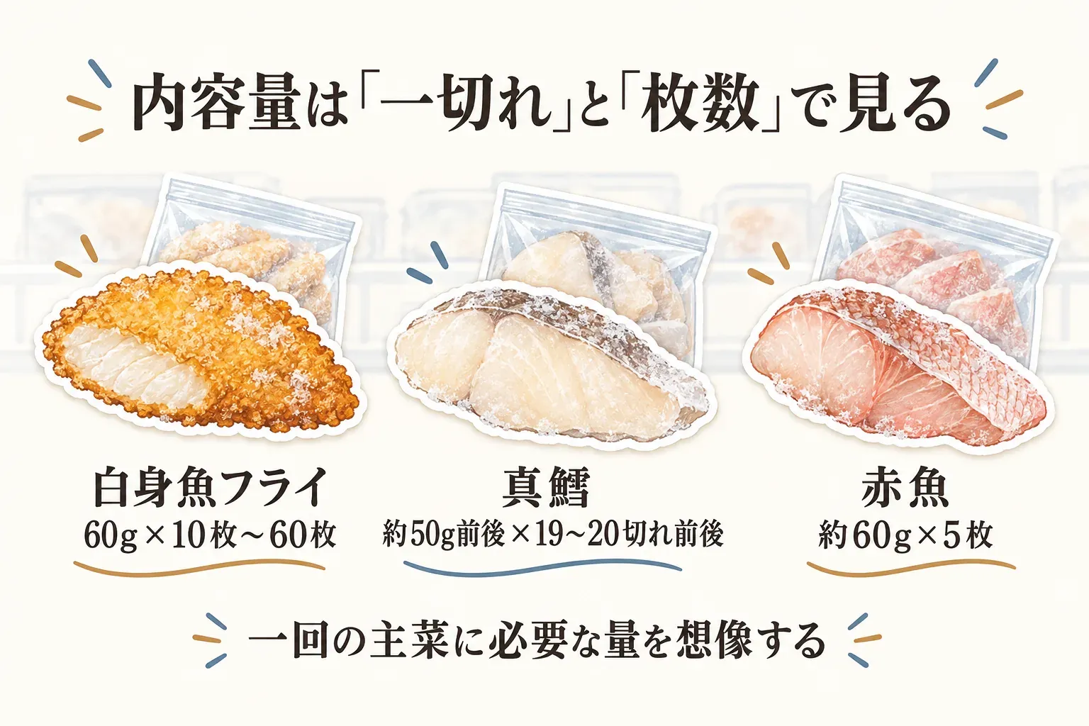 骨取り魚の内容量を一切れと枚数で見る図。白身魚フライは60g×10枚〜60枚、真鱈は約50g前後×19〜20切れ前後、赤魚は約60g×5枚の表示を並べ、一回の主菜に必要な量を想像して選ぶことを示している。