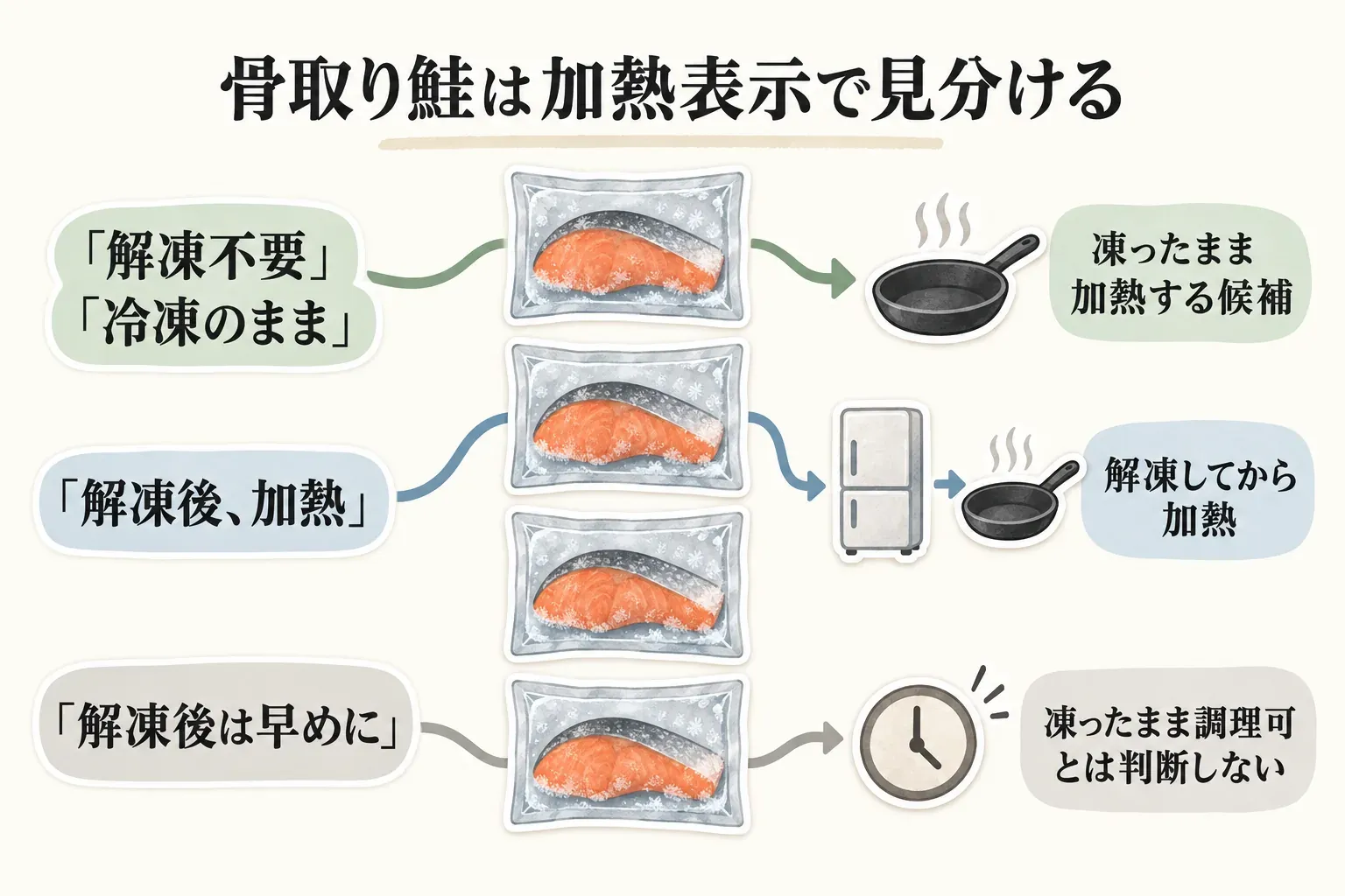 骨取り鮭をフライパンで調理する前に確認する加熱表示の図。「解凍不要」「冷凍のまま」は凍ったまま加熱する候補、「解凍後、加熱」は解凍してから加熱する候補、「解凍後は早めに」は凍ったまま調理できる根拠にはしないことを、表示ごとに示している。